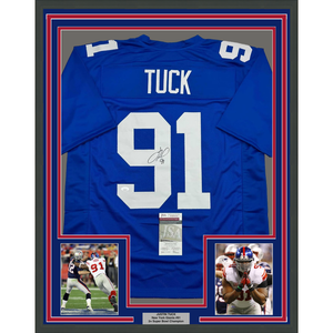 Framed Autographed/Signed Justin Tuck 35x39 New York Blue Football Jersey JSA COA
