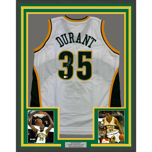 Framed Autographed/Signed Kevin Durant 35x39 Seattle White Basketball Jersey Beckett BAS COA