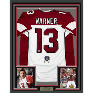 Framed Autographed/Signed Kurt Warner 35x39 Arizona White Football Jersey Beckett BAS COA