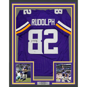 Framed Autographed/Signed Kyle Rudolph 35x39 Minnesota Purple Football Jersey Beckett BAS COA