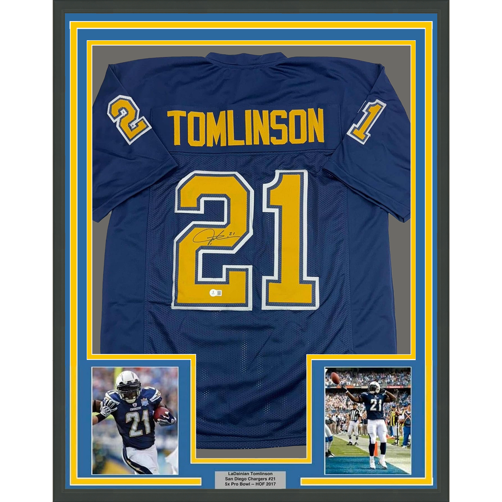 Framed Autographed/Signed LaDainian Tomlinson 35x39 San Diego Blue Color Rush Football Jersey Beckett BAS COA