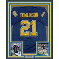 Framed Autographed/Signed LaDainian Tomlinson 35x39 San Diego Blue Color Rush Football Jersey Beckett BAS COA