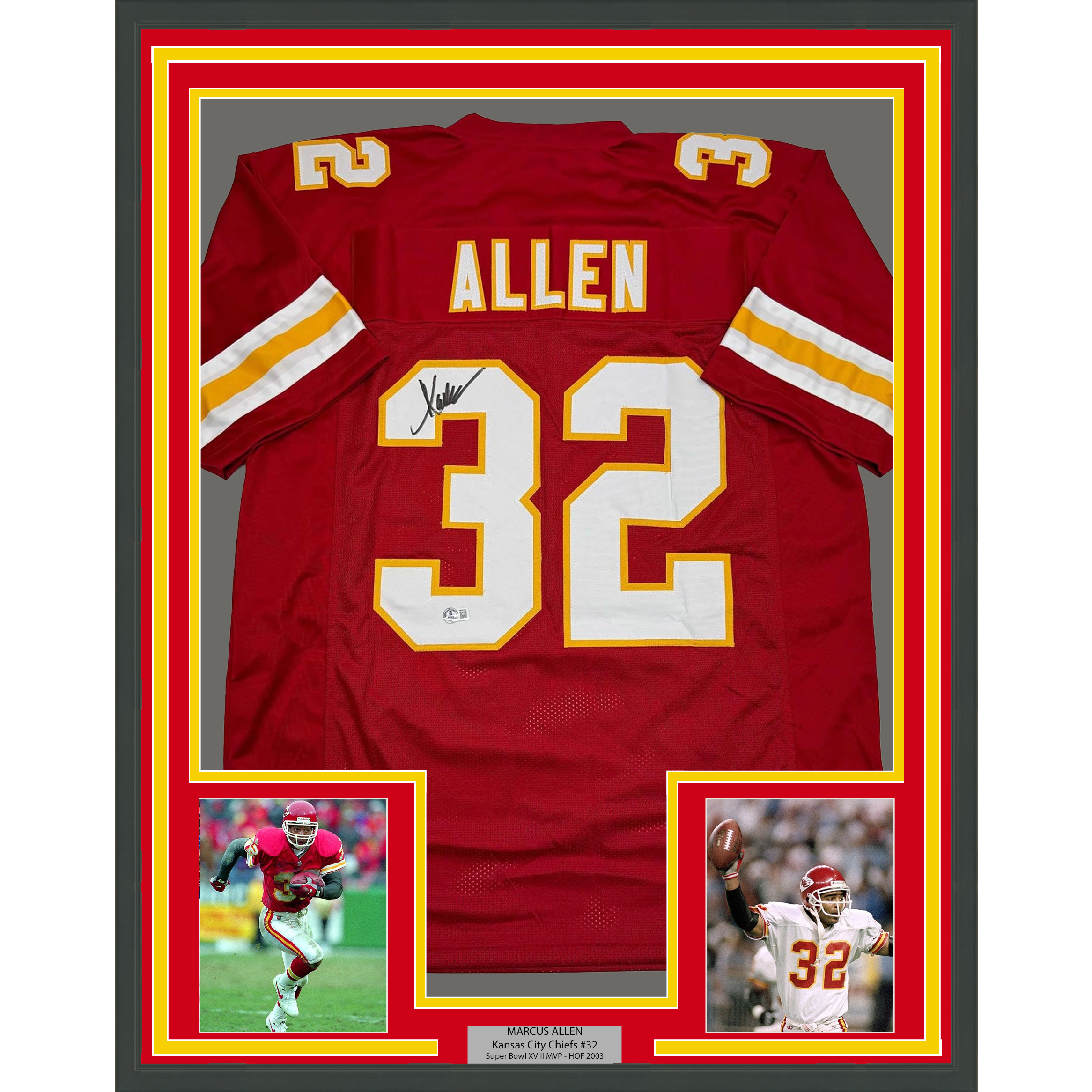 Framed Autographed/Signed Marcus Allen 35x39 Kansas City Red Football Jersey Beckett BAS COA