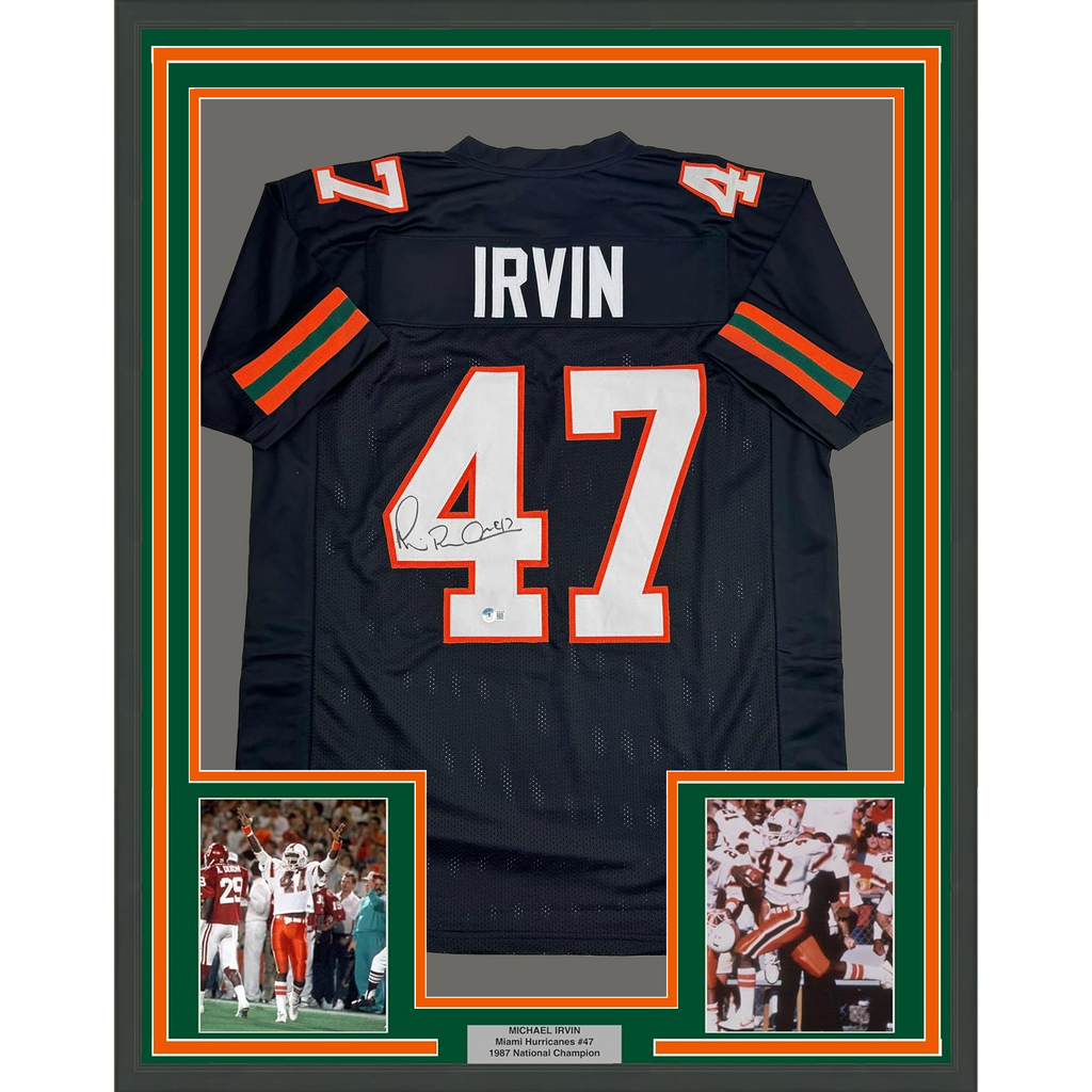 Framed Autographed/Signed Michael Irvin 35x39 Miami Black College Football Jersey Beckett BAS COA