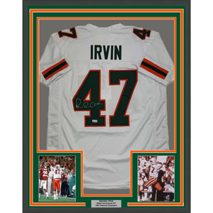 Framed Autographed/Signed Michael Irvin 35x39 Miami White College Football Jersey Beckett BAS COA