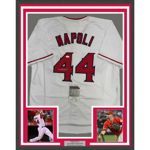 Framed Autographed/Signed Mike Napoli 35x39 Los Angeles LA Anaheim White Baseball Jersey JSA COA