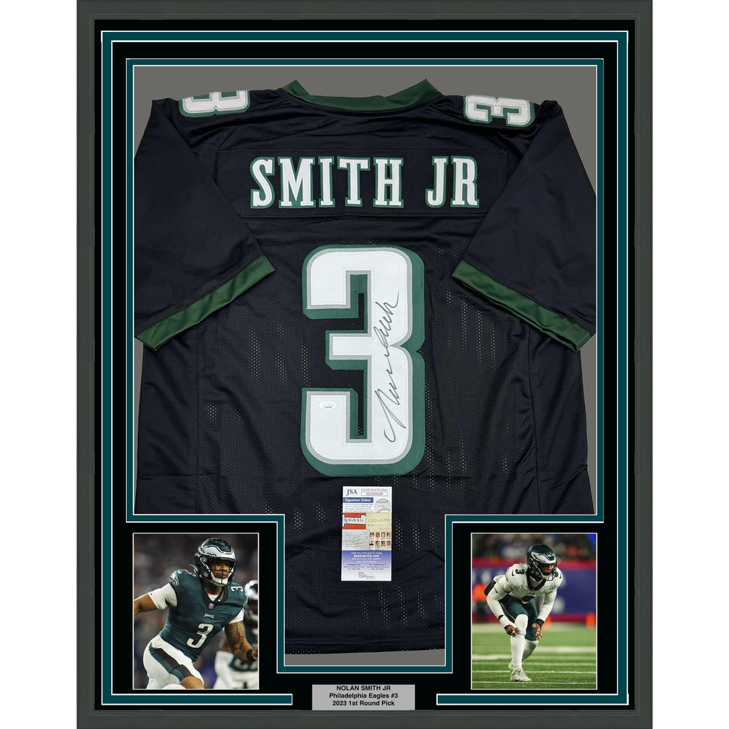 Framed Autographed/Signed Nolan Smith Jr. 35x39 Philadelphia Black Football Jersey JSA COA