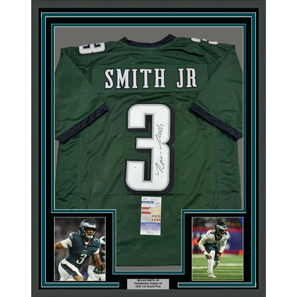 Framed Autographed/Signed Nolan Smith Jr. 35x39 Philadelphia Green Football Jersey JSA COA