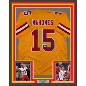 Framed Autographed/Signed Patrick Mahomes 35x39 Kansas City Yellow Football Jersey Beckett BAS COA