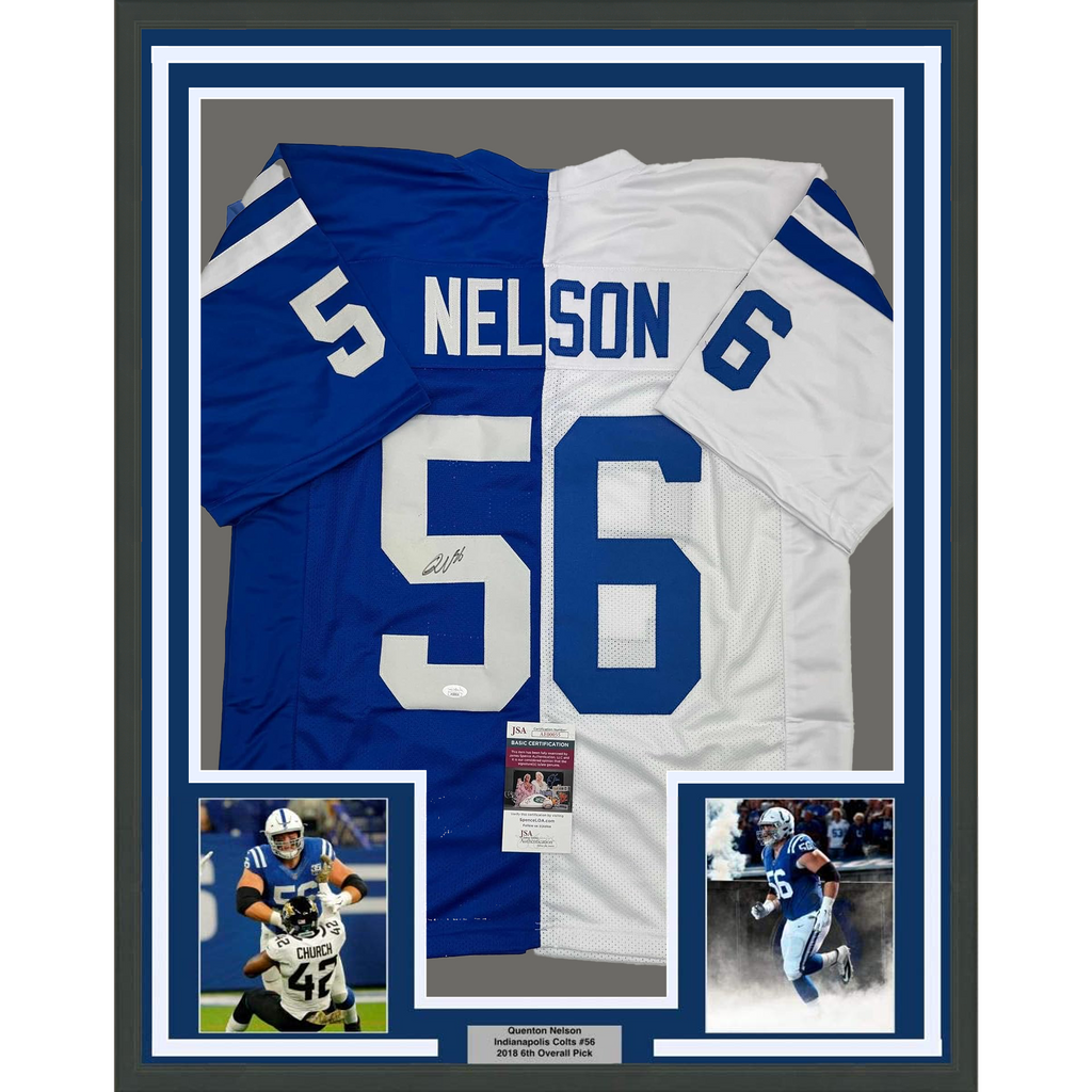 Framed Autographed/Signed Quenton Nelson 35x39 Indianapolis Blue/White Split Football Jersey JSA COA