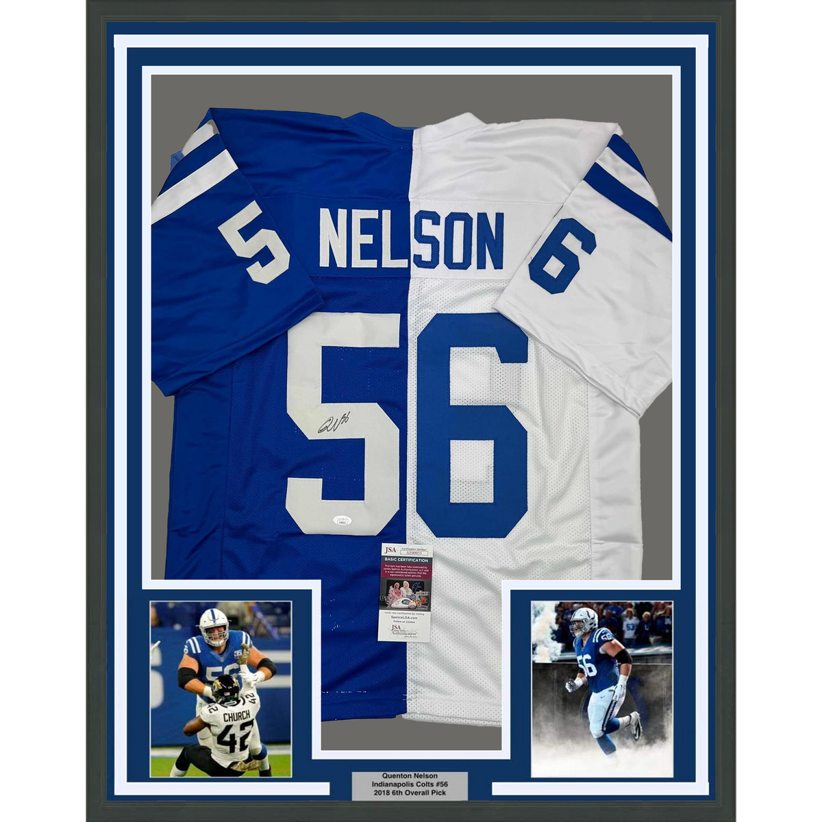 Framed Autographed/Signed Quenton Nelson 35x39 Indianapolis Blue/White Split Football Jersey JSA COA