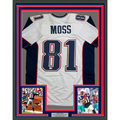 Framed Autographed/Signed Randy Moss 35x39 New England White Football Jersey Beckett BAS COA