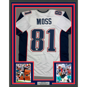 Framed Autographed/Signed Randy Moss 35x39 New England White Football Jersey Beckett BAS COA