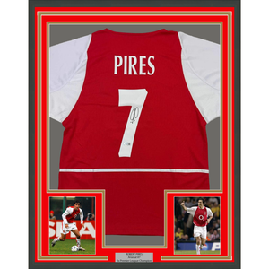 Framed Autographed/Signed Robert Pires 35x39 Arsenal Red Soccer Jersey Beckett BAS COA
