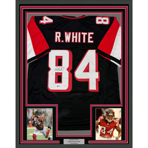 Framed Autographed/Signed Roddy White 35x39 Atlanta Black Football Jersey Beckett BAS COA