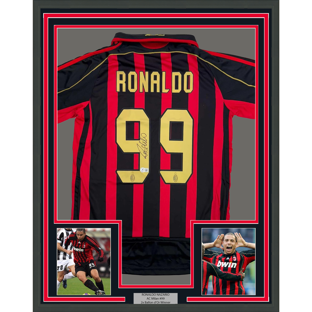 Framed Autographed/Signed Ronaldo Nazario 35x39 AC Milan Black/Red Soccer Futbol Jersey Beckett BAS COA