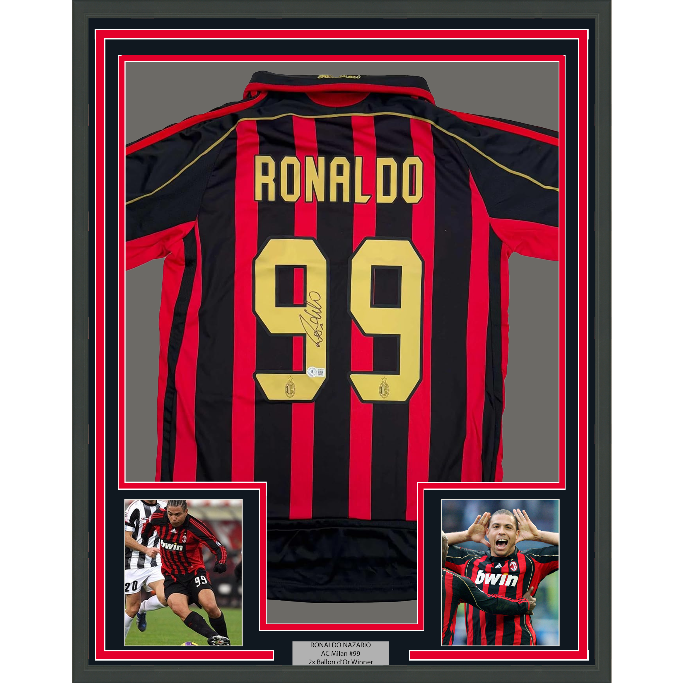 Framed Autographed/Signed Ronaldo Nazario 35x39 AC Milan Black/Red Soccer Futbol Jersey Beckett BAS COA