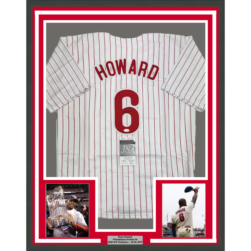 Framed Autographed/Signed Ryan Howard 35x39 Philadelphia Pinstripe Baseball Jersey JSA COA