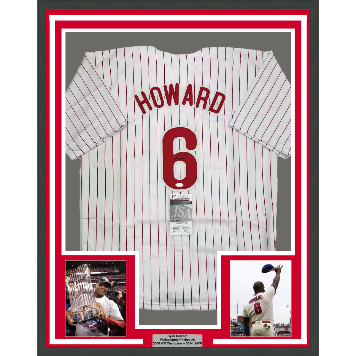 Framed Autographed/Signed Ryan Howard 35x39 Philadelphia Pinstripe Baseball Jersey JSA COA