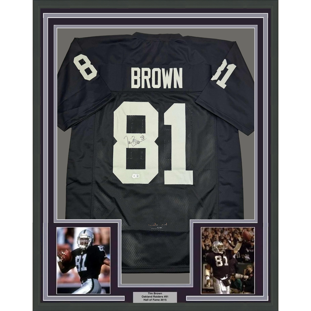 Framed Autographed/Signed Tim Brown 35x39 Oakland Black Football Jersey Beckett BAS COA