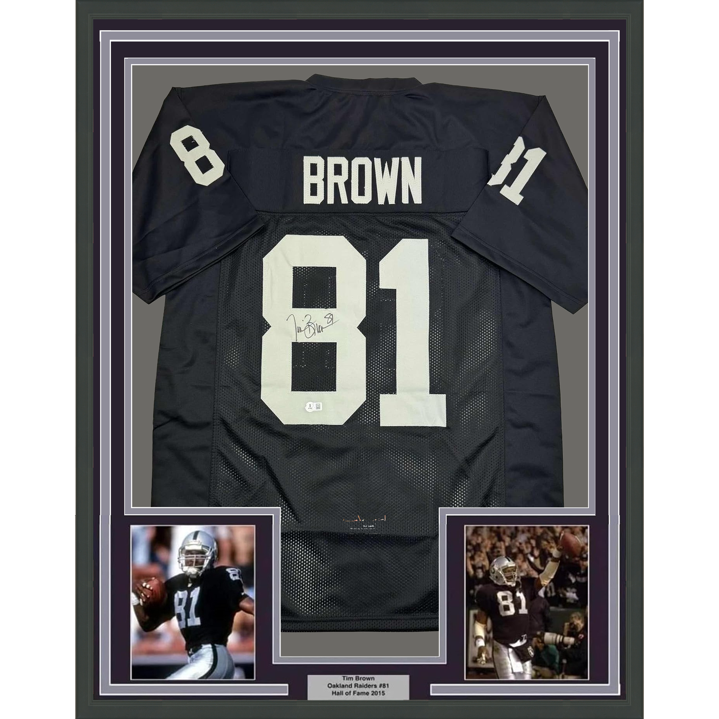 Framed Autographed/Signed Tim Brown 35x39 Oakland Black Football Jersey Beckett BAS COA