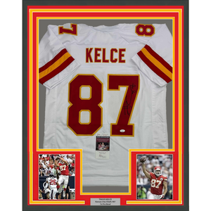Framed Autographed/Signed Travis Kelce 35x39 Kansas City KC White Football Jersey JSA COA