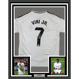 Framed Autographed/Signed Vini Vinicius Jr. #7 35x39 Real Madrid White Soccer Jersey Beckett BAS COA
