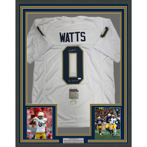 Framed Autographed/Signed Xavier Watts All-American 35x39 Notre Dame White College Football Jersey JSA COA