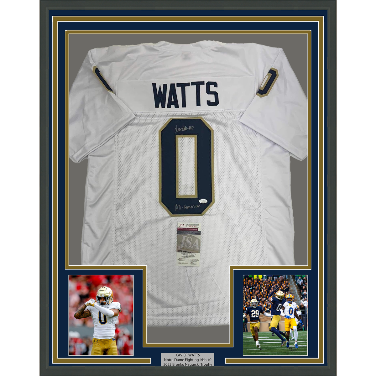 Framed Autographed/Signed Xavier Watts All-American 35x39 Notre Dame White College Football Jersey JSA COA