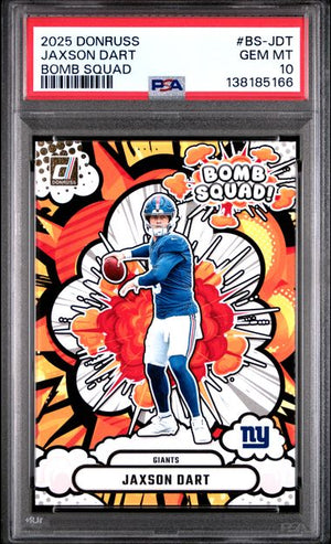 Graded 2025 Donruss Jaxson Dart #BSJDT Bomb Squad Rookie RC Football Card PSA 10 Gem Mint