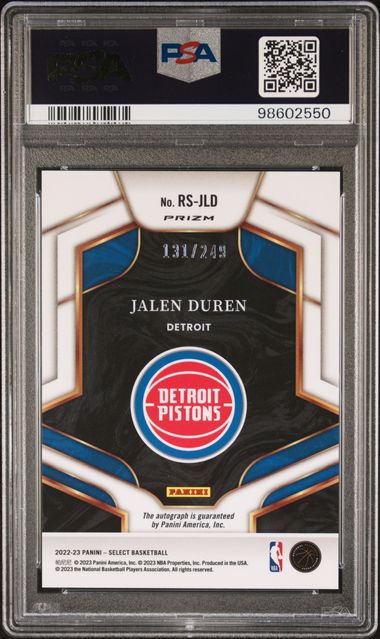 Graded 2022 Panini Select Jalen Duren #RSJLD /249 Rookie Signatures Prizm Auto Rookie RC Basketball Card PSA 10 Gem Mint