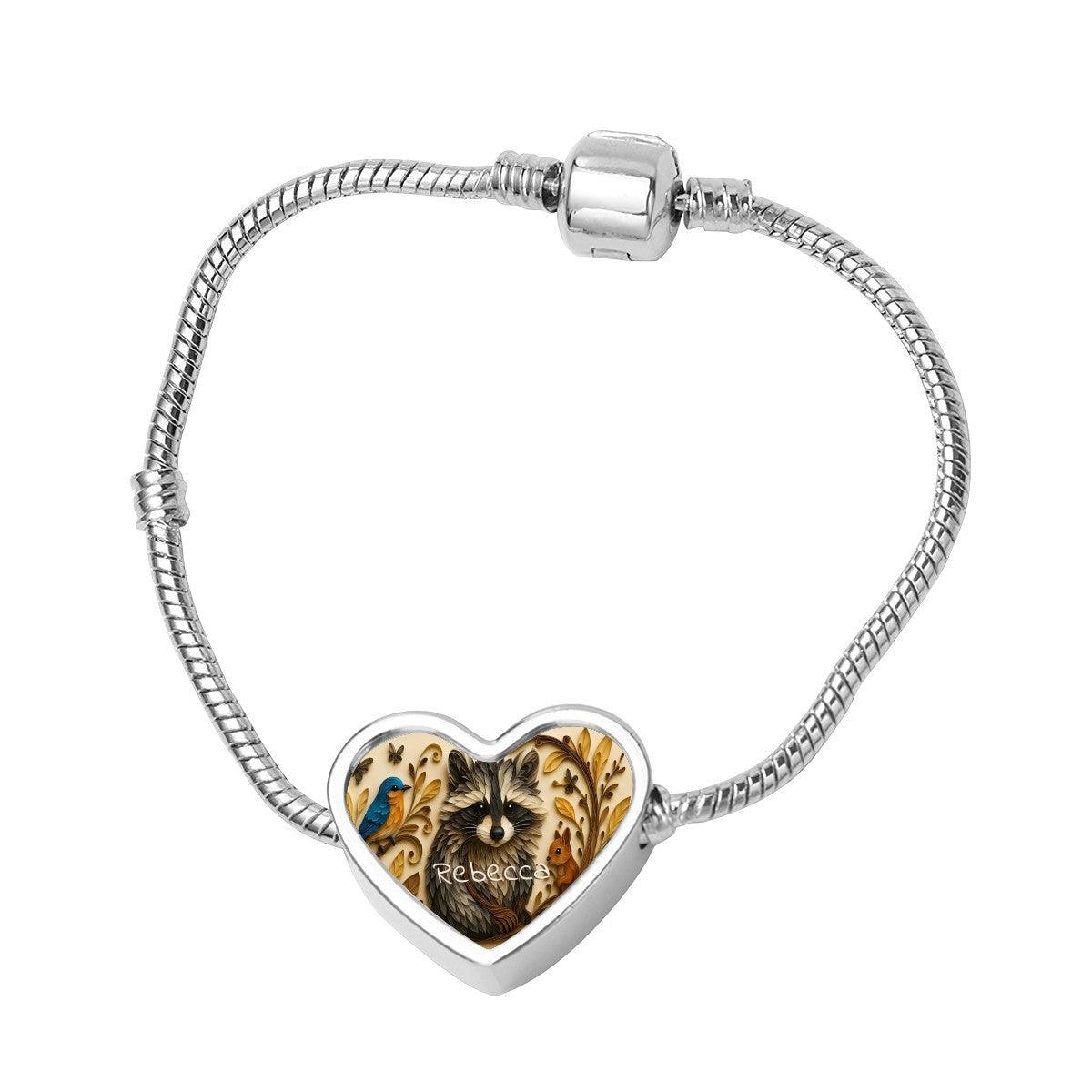 Personalised Raccoon Bracelet, Heart Shaped Name Snake Bone Bracelet | Metal