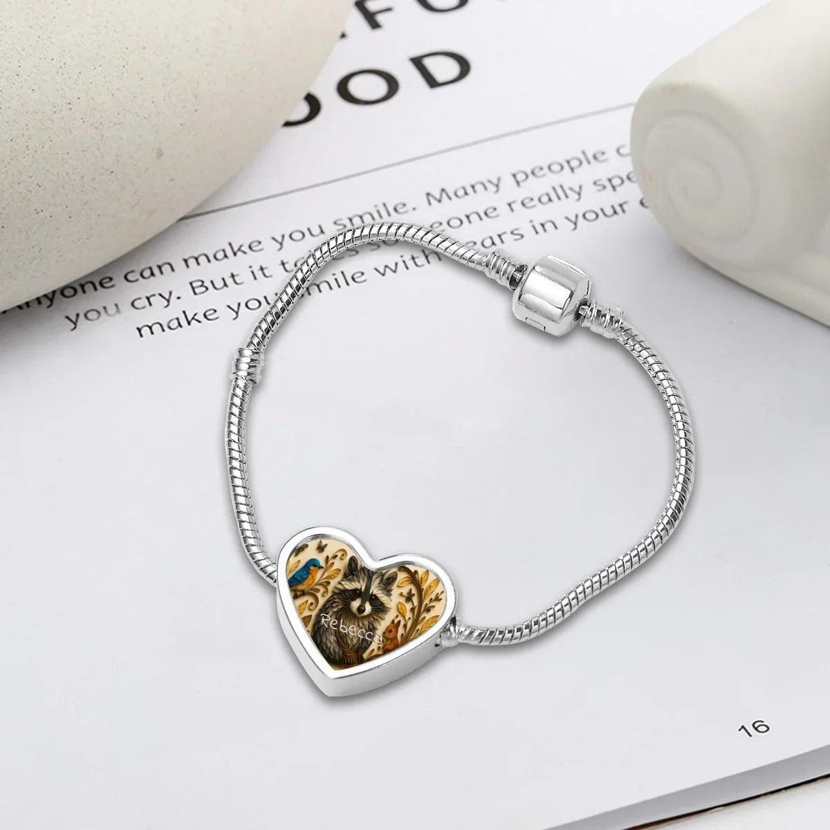 Personalised Raccoon Bracelet, Heart Shaped Name Snake Bone Bracelet | Metal