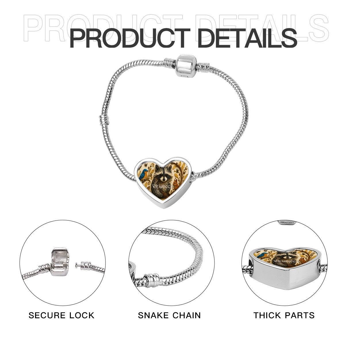 Personalised Raccoon Bracelet, Heart Shaped Name Snake Bone Bracelet | Metal