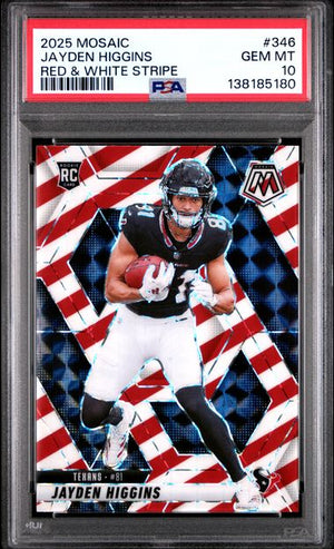 Graded 2025 Panini Mosaic Jayden Higgins #346 Red & White Stripe Rookie RC Football Card PSA 10 Gem Mint