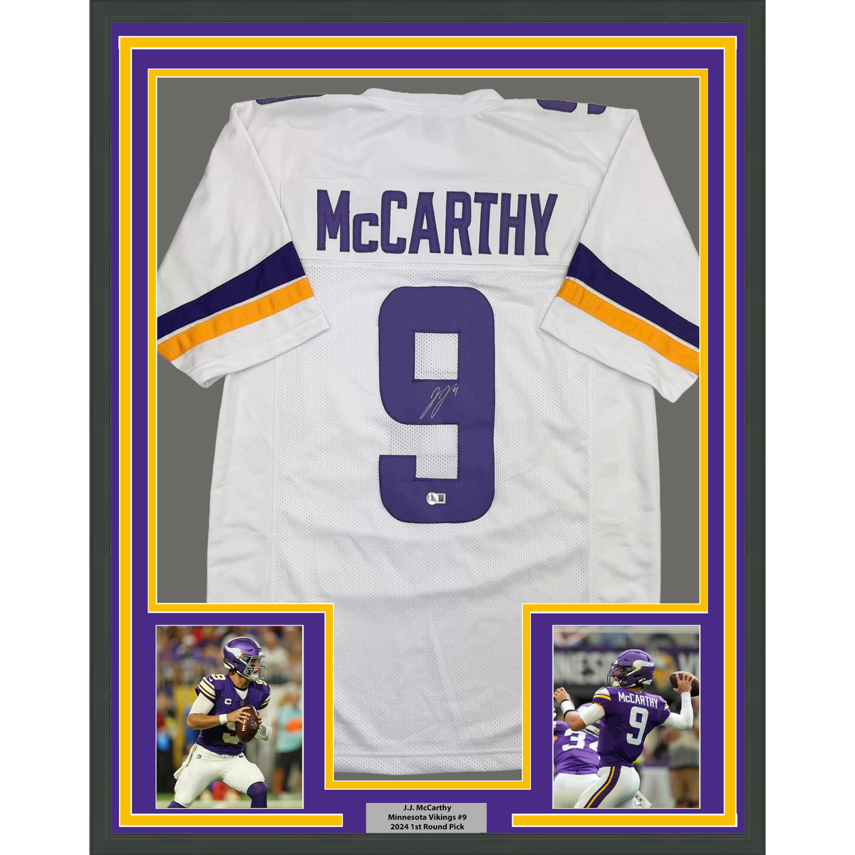 Framed Autographed/Signed J.J. JJ McCarthy 35x39 Minnesota White Football Jersey Beckett BAS COA