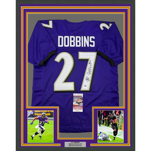 Framed Autographed/Signed J.K. Dobbins 35x39 Baltimore Purple Football Jersey JSA COA