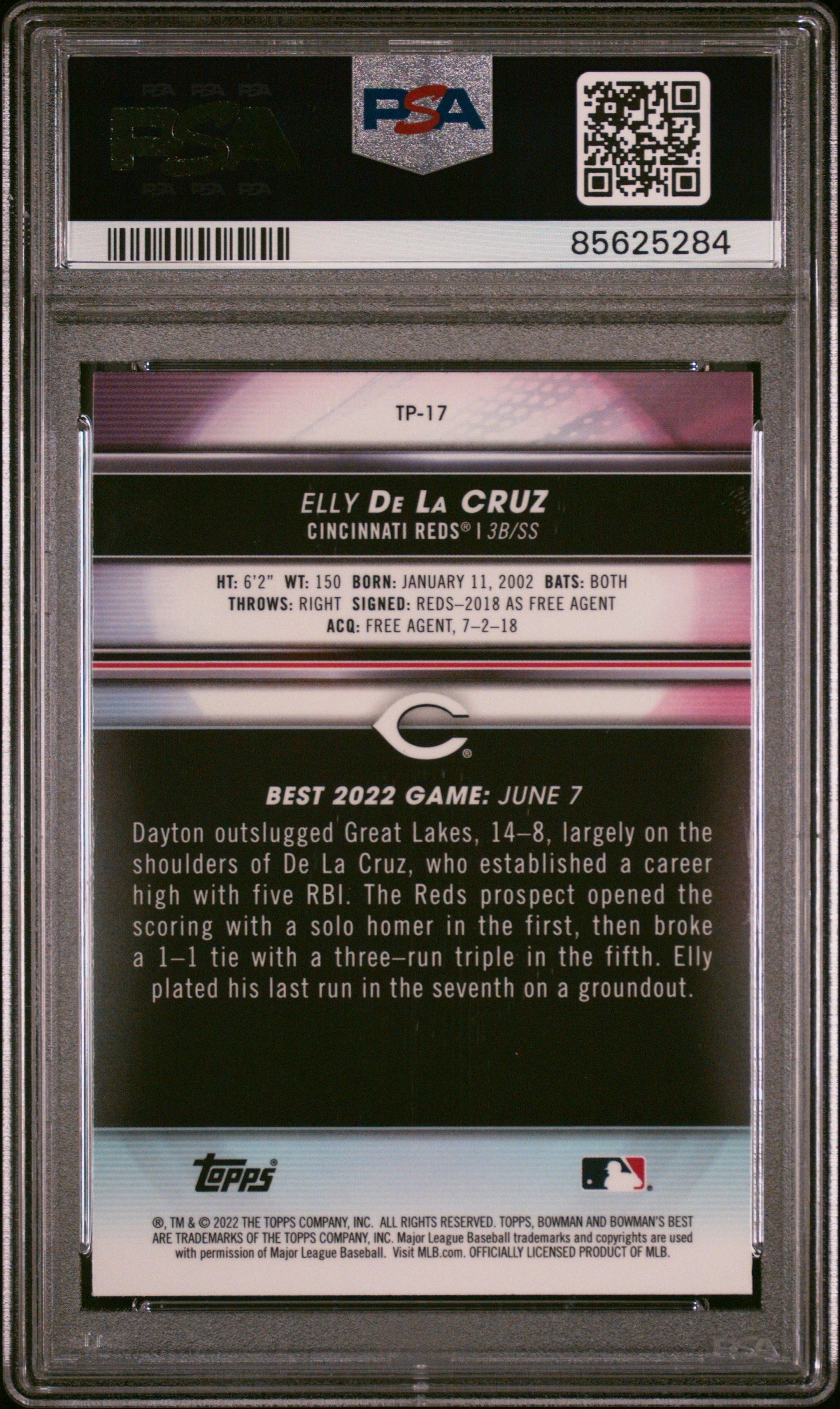 Graded 2022 Topps Bowmans Best Elly De La Cruz #TP17 Top Prospects Rookie RC Baseball Card PSA 9 Mint