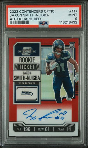 Graded 2023 Contenders Optic Jaxon Smith-Njigba #117 /125 Autograph Red Rookie RC Football Card PSA 9 Mint