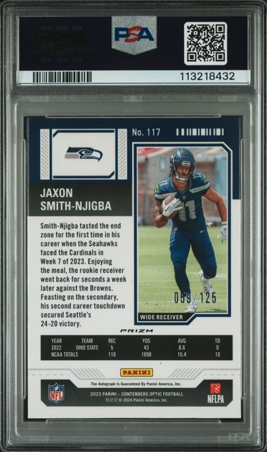 Graded 2023 Contenders Optic Jaxon Smith-Njigba #117 /125 Autograph Red Rookie RC Football Card PSA 9 Mint