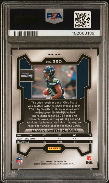 Graded 2023 Panini Prizm Jaxon Smith-Njigba #390 Lazer Prizm Rookie RC Football Card PSA 10 Gem Mint