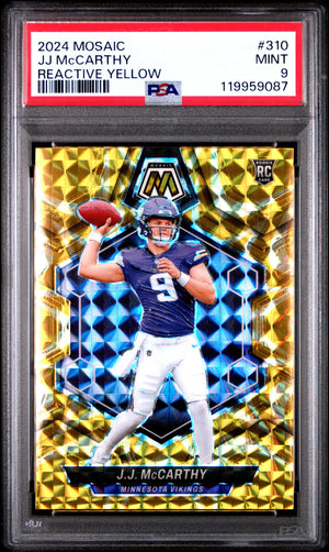 Graded 2024 Panini Mosaic JJ McCarthy #310 Reactive Yellow Rookie RC Football Card PSA 9 Mint