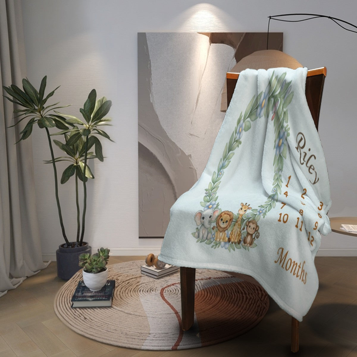 Personalised Baby Safari Milestone Blanket | Lavender Pink, Light Blue & Cream