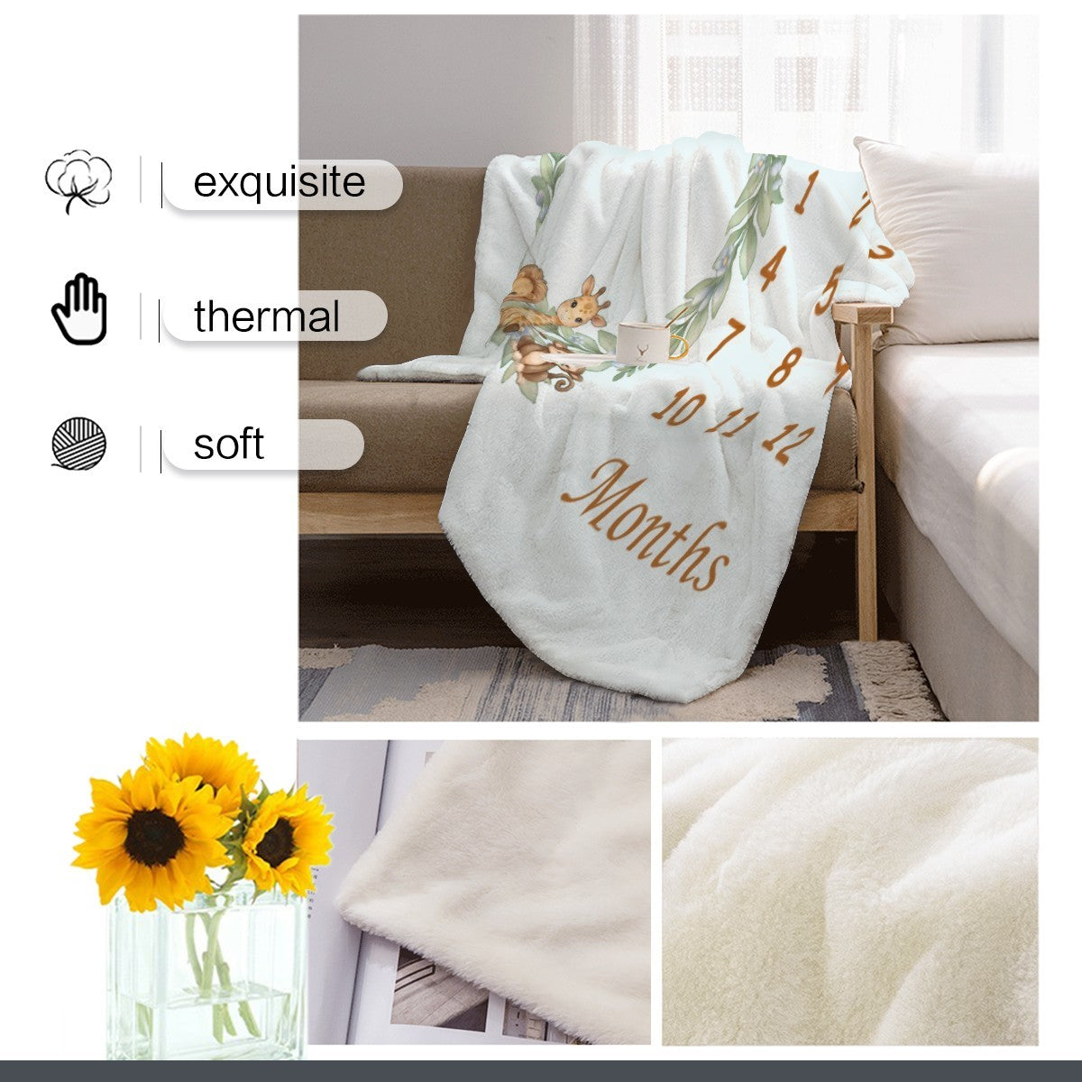 Personalised Baby Safari Milestone Blanket | Lavender Pink, Light Blue & Cream
