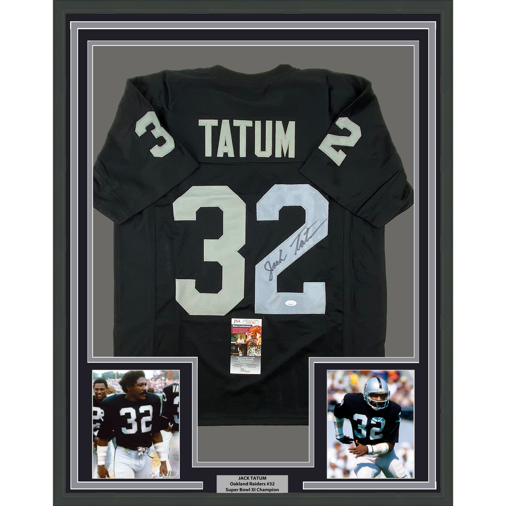 Framed Autographed/Signed Jack Tatum 35x39 Oakland Black Football Jersey JSA COA #1
