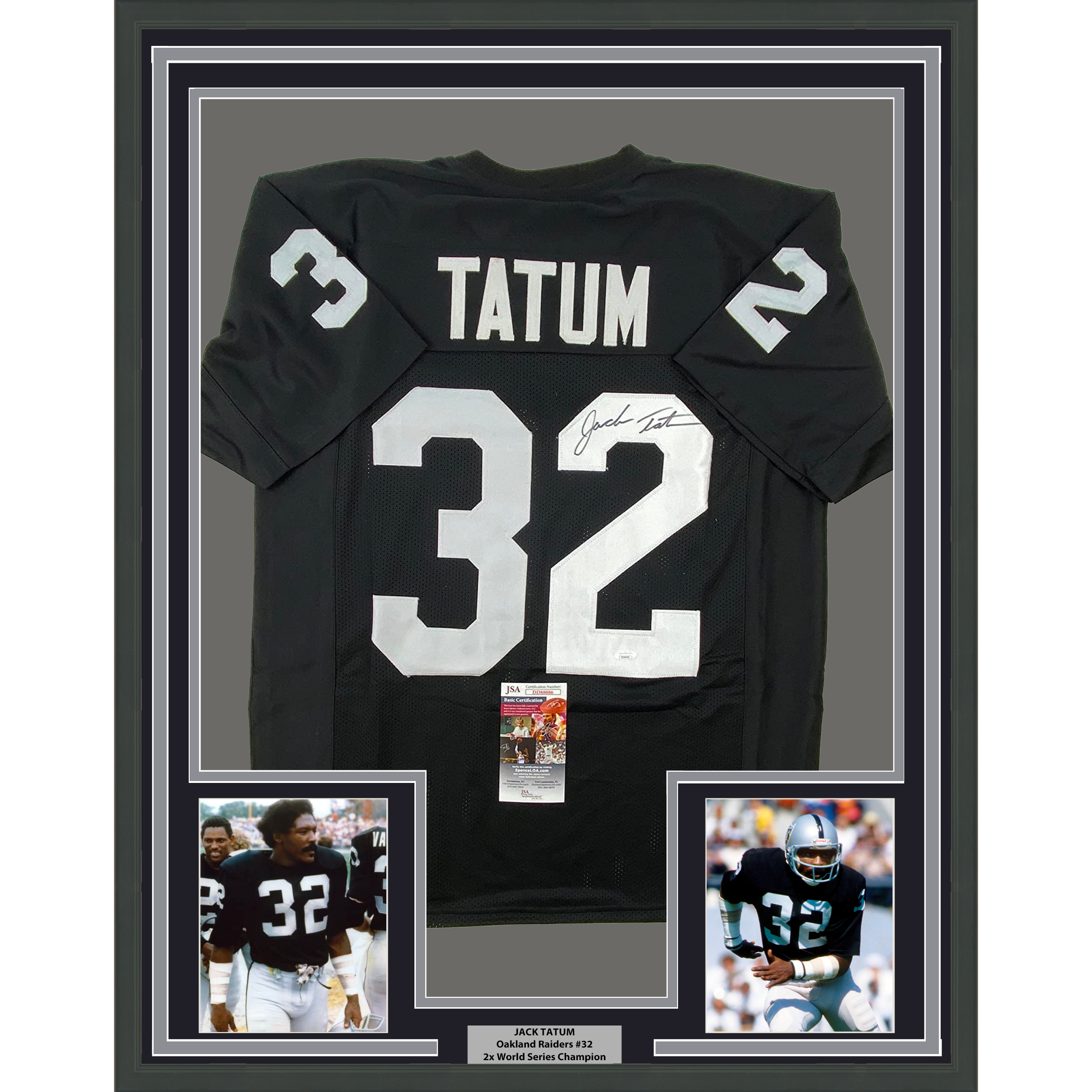 Framed Autographed/Signed Jack Tatum 35x39 Oakland Black Football Jersey JSA COA #2