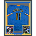 Framed Autographed/Signed Jackson Chourio 35x39 Milwaukee Blue Baseball Jersey Beckett BAS COA