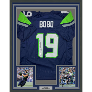 Framed Autographed/Signed Jake Bobo 35x39 Seattle Blue Football Jersey JSA COA