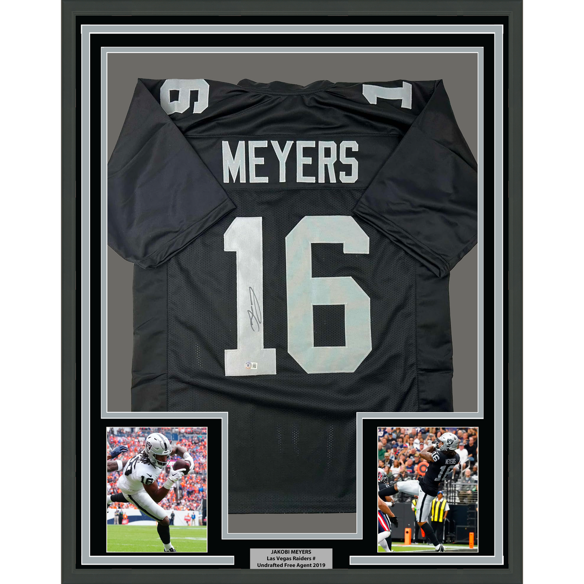 Framed Autographed/Signed Jakobi Meyers 35x39 Las Vegas Oakland Black Football Jersey Beckett BAS COA