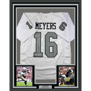 Framed Autographed/Signed Jakobi Meyers 35x39 Las Vegas Oakland White Color Rush Football Jersey Beckett BAS COA